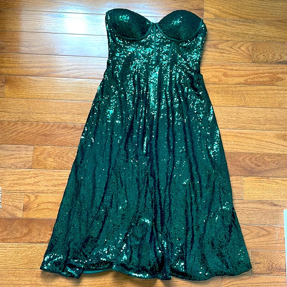 Emerald Sequin Strapless Bustier Midi Dress - M
